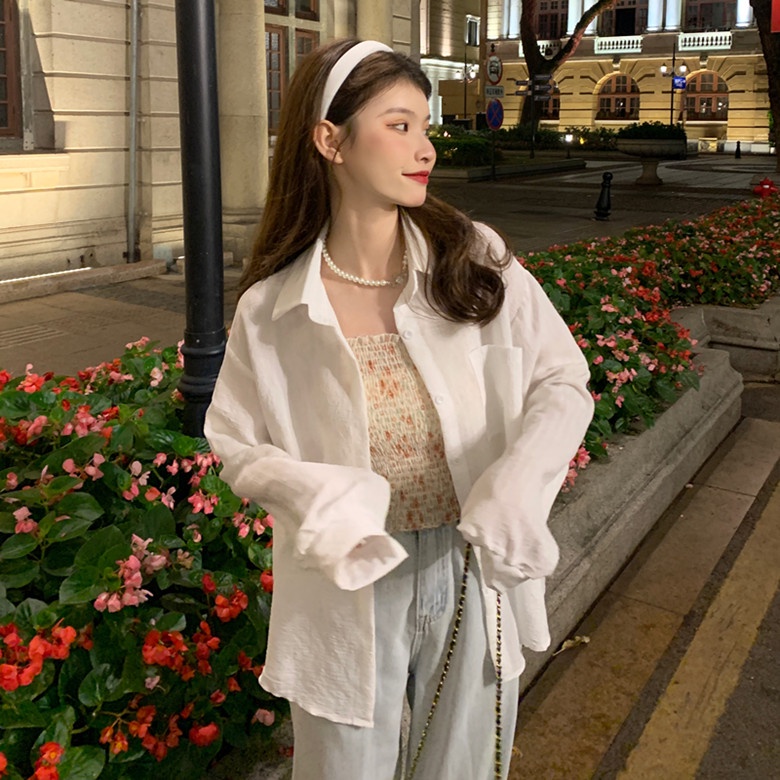 SUXI Set Áo Sơ Mi Tay Dài Màu Trơn + Áo Hoa Hai Dây Thời Trang Mùa Hè Cho Nữ