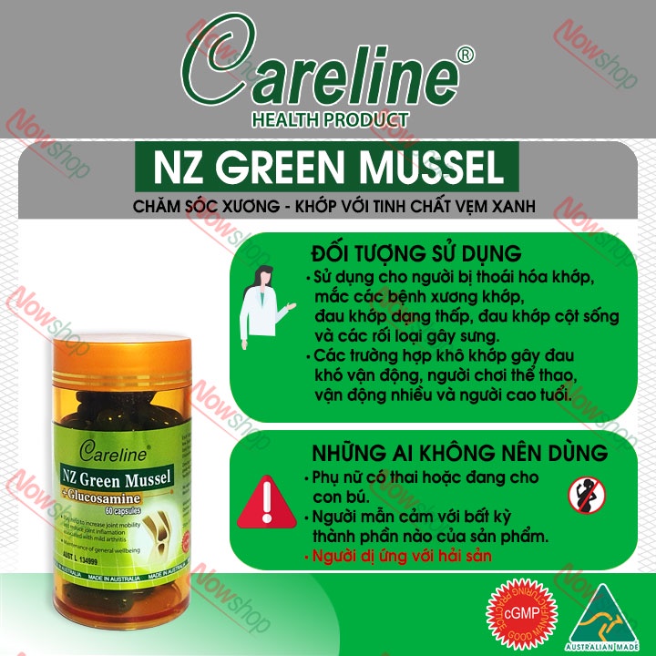 viên uống vẹm xanh Careline NZ Green Mussel 200mg bồi bổ tăng tiết dịch và tái tạo sụn giúp giảm đau nhức xương khớp