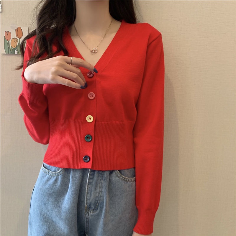Áo Sweater Dệt Kim Tay Dài Cổ Chữ v Cài Nút Nhiều Màu Sắc Thời Trang Mùa Thu Cho Nữ