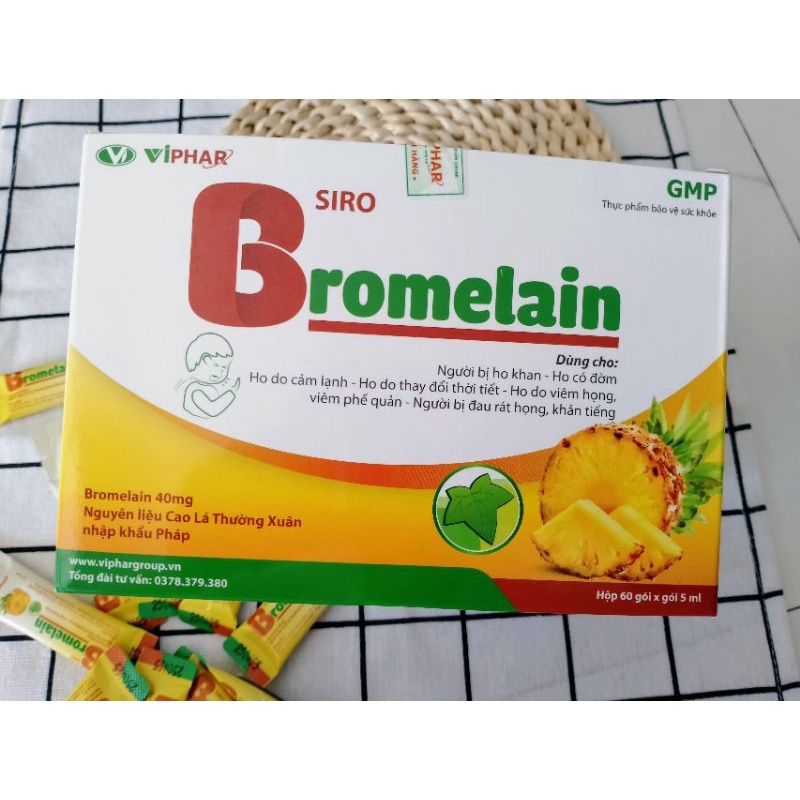 Siro ho cảm, đau rát họng, khản tiếng, viêm phế quản BROMELAIN. Hộp 60 gói.
