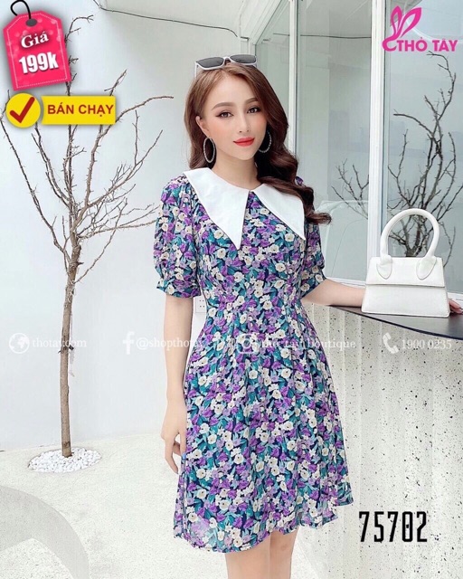 Đầm bông lụa babydoll ngắn tay cổ trắng bẻ