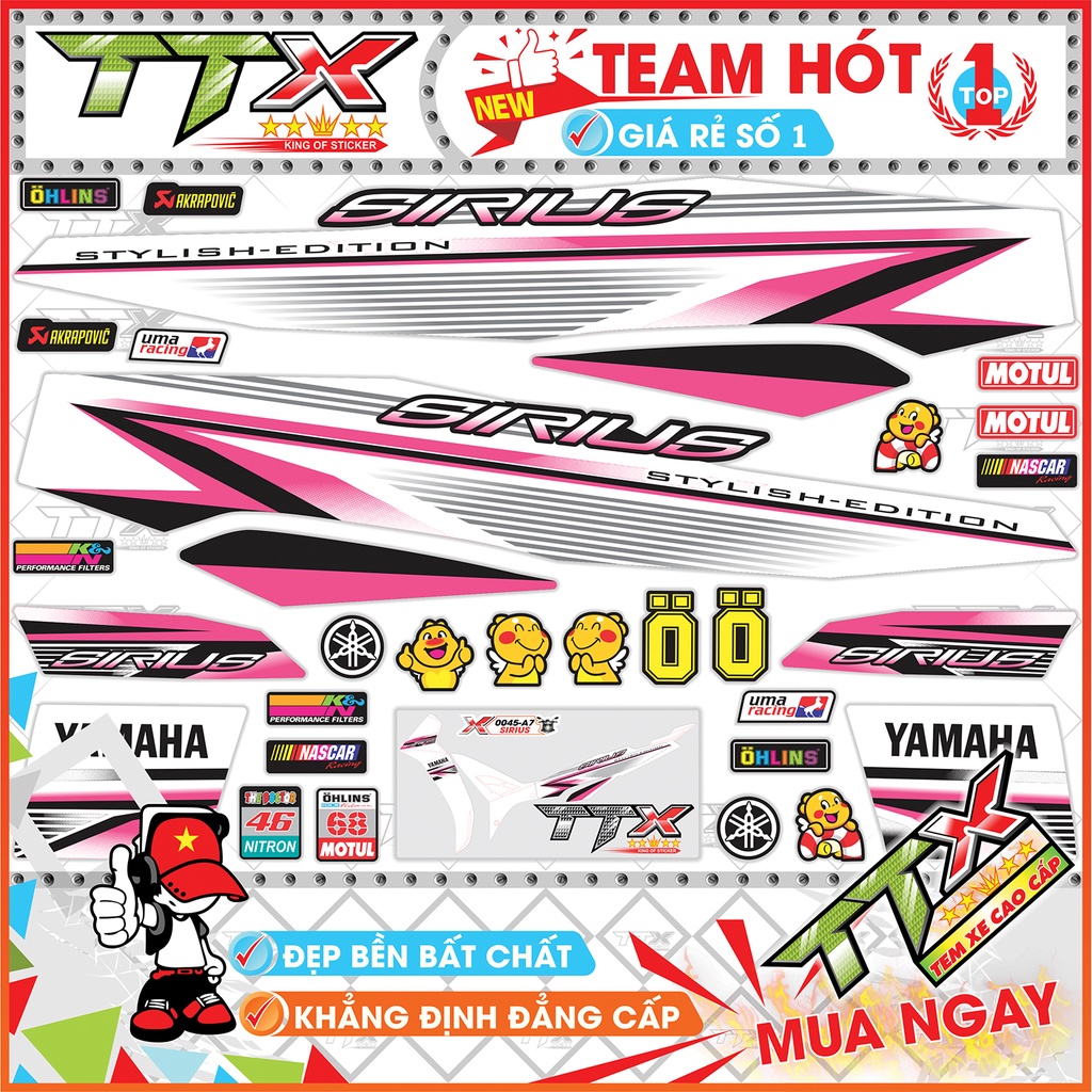Tem rời sirius chỉ hồng , Team chế sirius dán xe màu trắng hồng siêu đẹp , Shop TTX Tem xe sirius mã