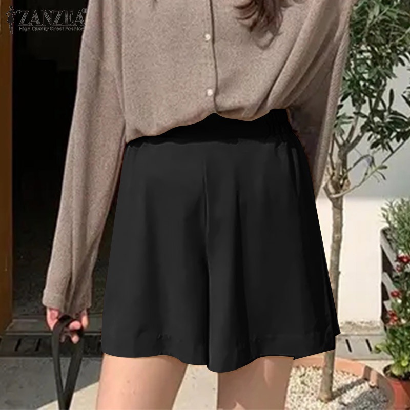Quần ngắn ZANZEA ống rộng lưng thun màu trơn phối khóa kéo thời trang cho nữ