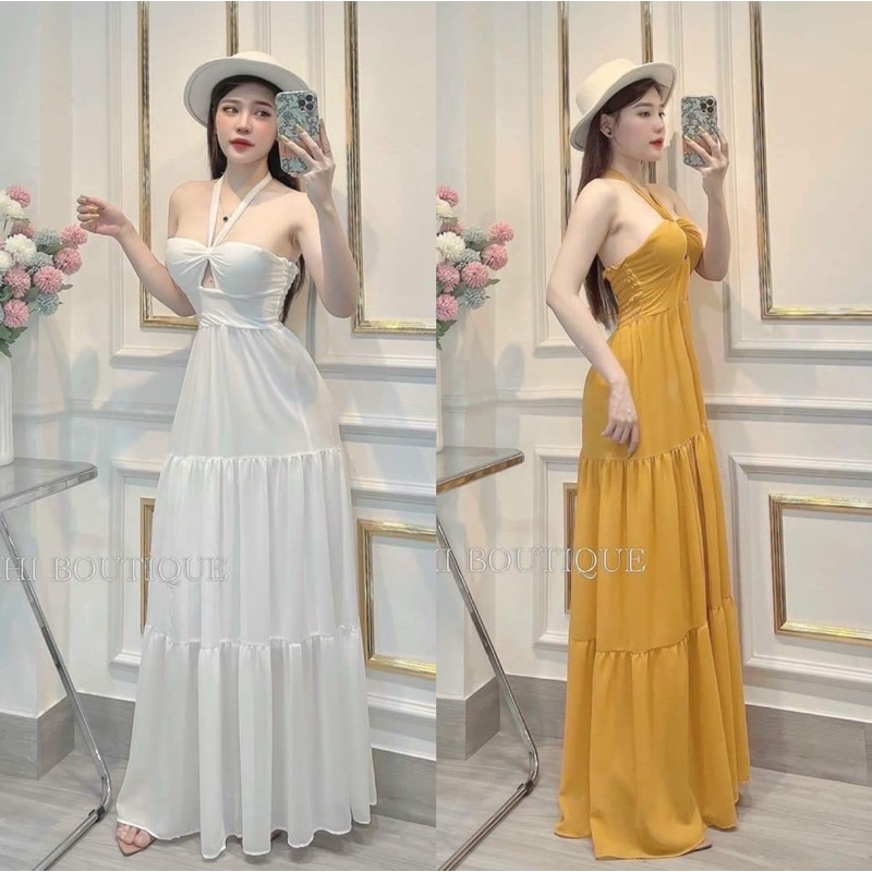 Đầm maxi đi biển cổ yếm khoét ngực nhún thun lưng có mút ngực