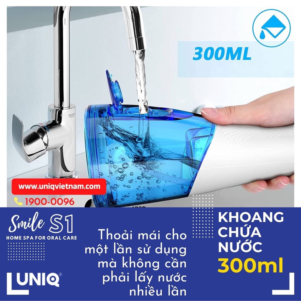 Tăm nước cầm tay UNIQ Smile S1 waterpik động cơ Nhật Bản siêu bền máy vệ sinh răng miệng xịt rửa làm sạch kẽ niềng 300ml