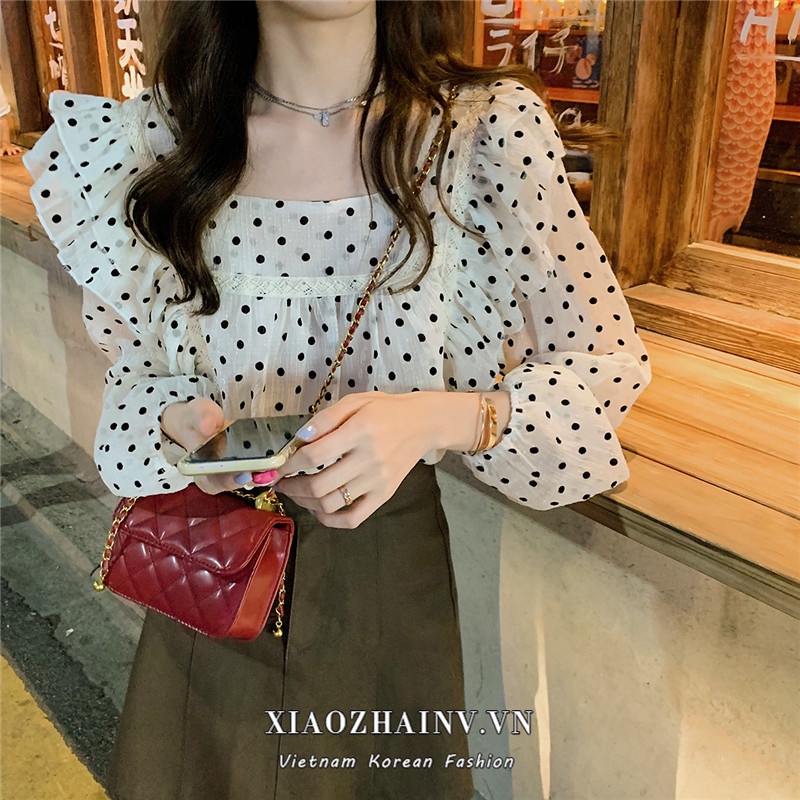 Xiaozhainv Áo Sơ Mi chiffon Dáng Rộng Viền Cánh Sen Họa Tiết Chấm Bi Xinh Xắn