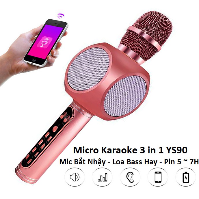 Micro Bluetooth Hát Karaoke Tích Hợp Loa Bass Hay YS90, Mic Bắt Giọng, Âm Thanh Trong Lớn, Gắn Usb, Thẻ Nhớ, Cổng 3.5