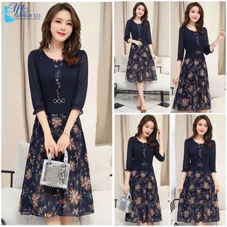 Đầm công sở Đầm dáng xòe đầm dự tiệc váy nữ Voan cao cấp tay lỡ màu xanh đen