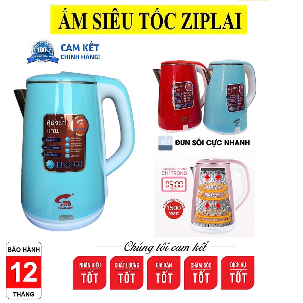 Ấm Đun Siêu Tốc JipLai Thái Lan - Ấm Đun Inox 304 - Thể Tích 2.5L - Công Suất 1500W - Bảo Hành 6 Tháng