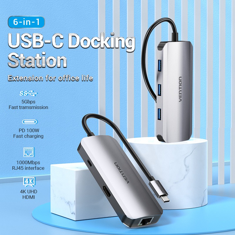 USB C Hub Vention 6 in 1 Multiport Dock Type C to 4K HDMI/USB 3.0/RJ45/PD Docking Station for Laptop PC