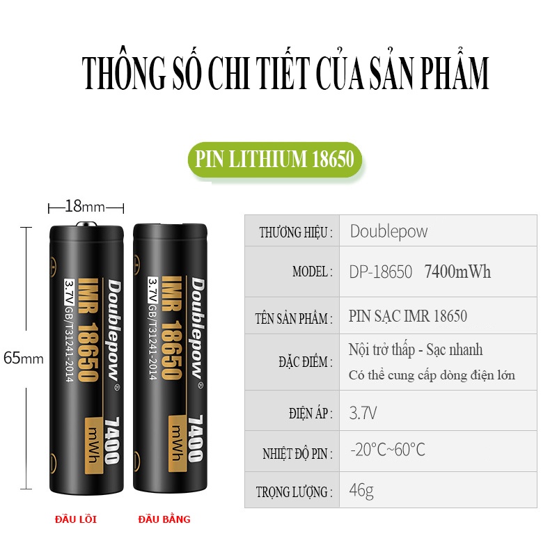 Pin sạc 18650 Lithium 7400mWh đầu nhọn/bằng chính hãng Doublepow công suất cao