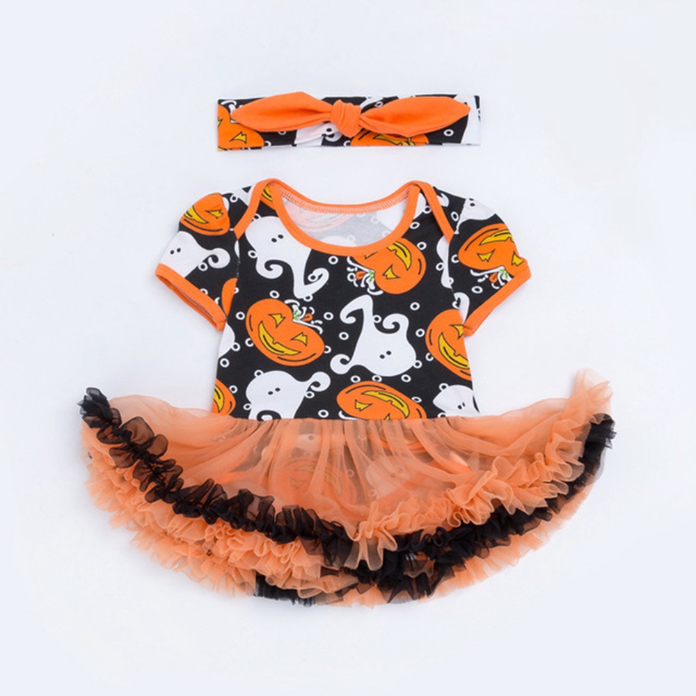 Bộ Trang Phục Hóa Trang Halloween Gồm Đầm Và Băng Cài Đầu Họa Tiết Bí Ngô Hoạt Hình Cho Bé Gái 0-2 Tuổi