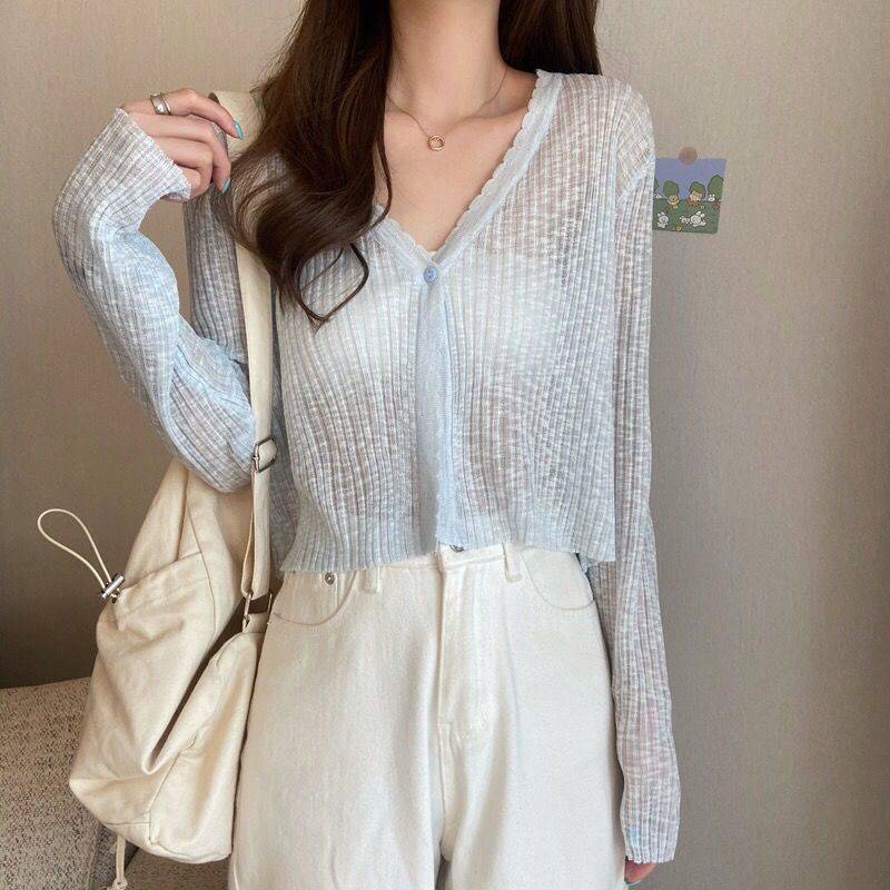 Áo cardigan len dáng croptop mỏng 1 cúc dáng Hàn Quốc KL06