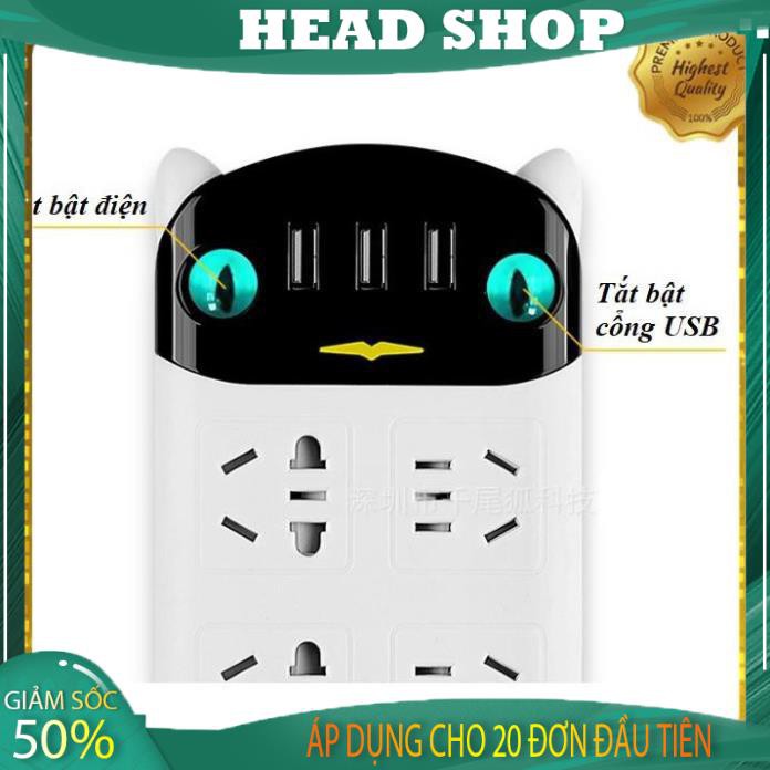 Ổ cắm điện 6 ổ cắm tích hợp 3 cổng USB mèo dễ thương sạc điện thoại (Gía sỉ ) HEAD SHOP