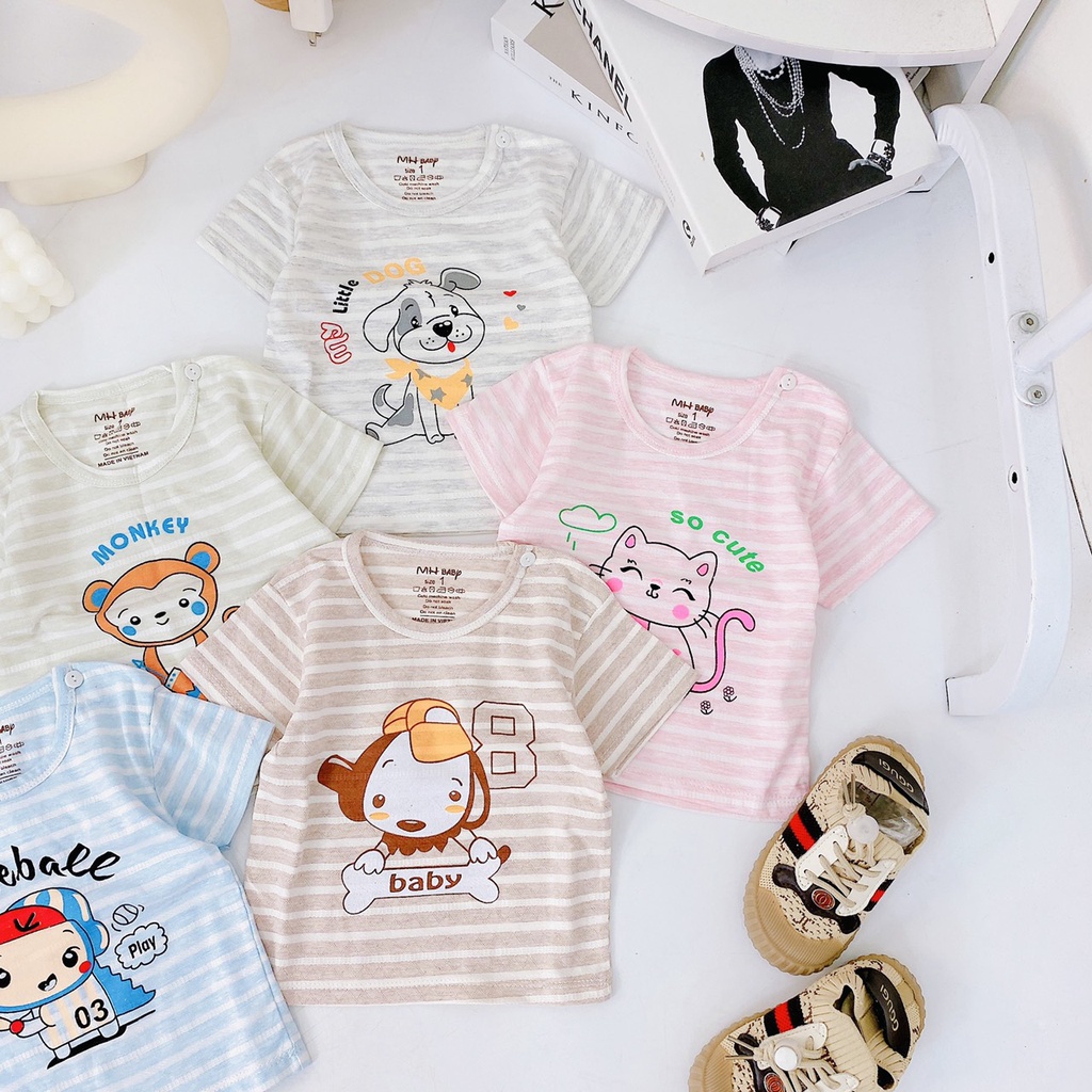 Áo Sơ Sinh Bé Trai, Bé Gái Chất Cotton Mềm Thông Hơi Có Nút Cài Vai Phối Kẻ In Hình, Áo Thun Cộc Tay Cho Bé - AN.KID