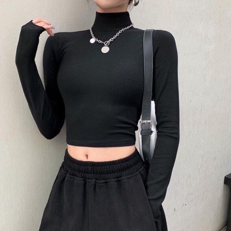 Áo croptop tày dài cổ lọ basic