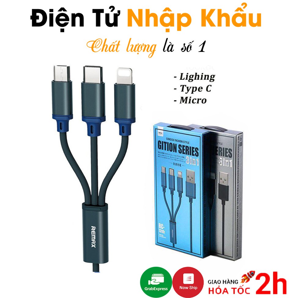 Cáp Sạc 3 Đầu Remax RC-131TH Sạc Đa Năng (Lightning - Micro USB - Type C) Hàng Chuẩn - BH 6 tháng
