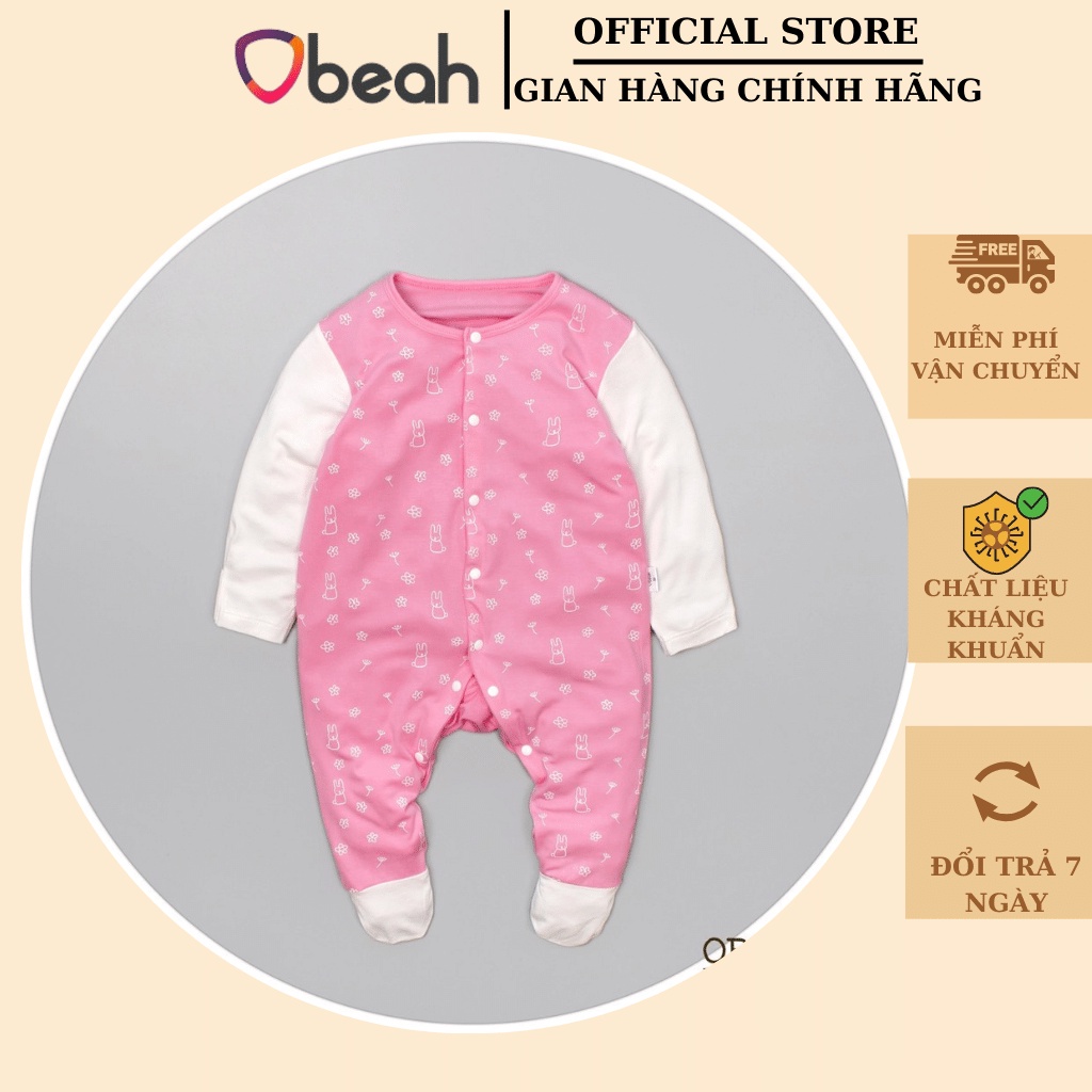 Body liền tất cho bé OBEAH màu hồng phấn in hình size 59 đến 80 cho bé yêu từ 0 đến 18 tháng OB082109