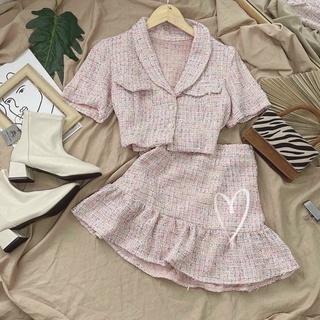 Set bố hồng croptop cổ sen + chân váy đuôi cá mini