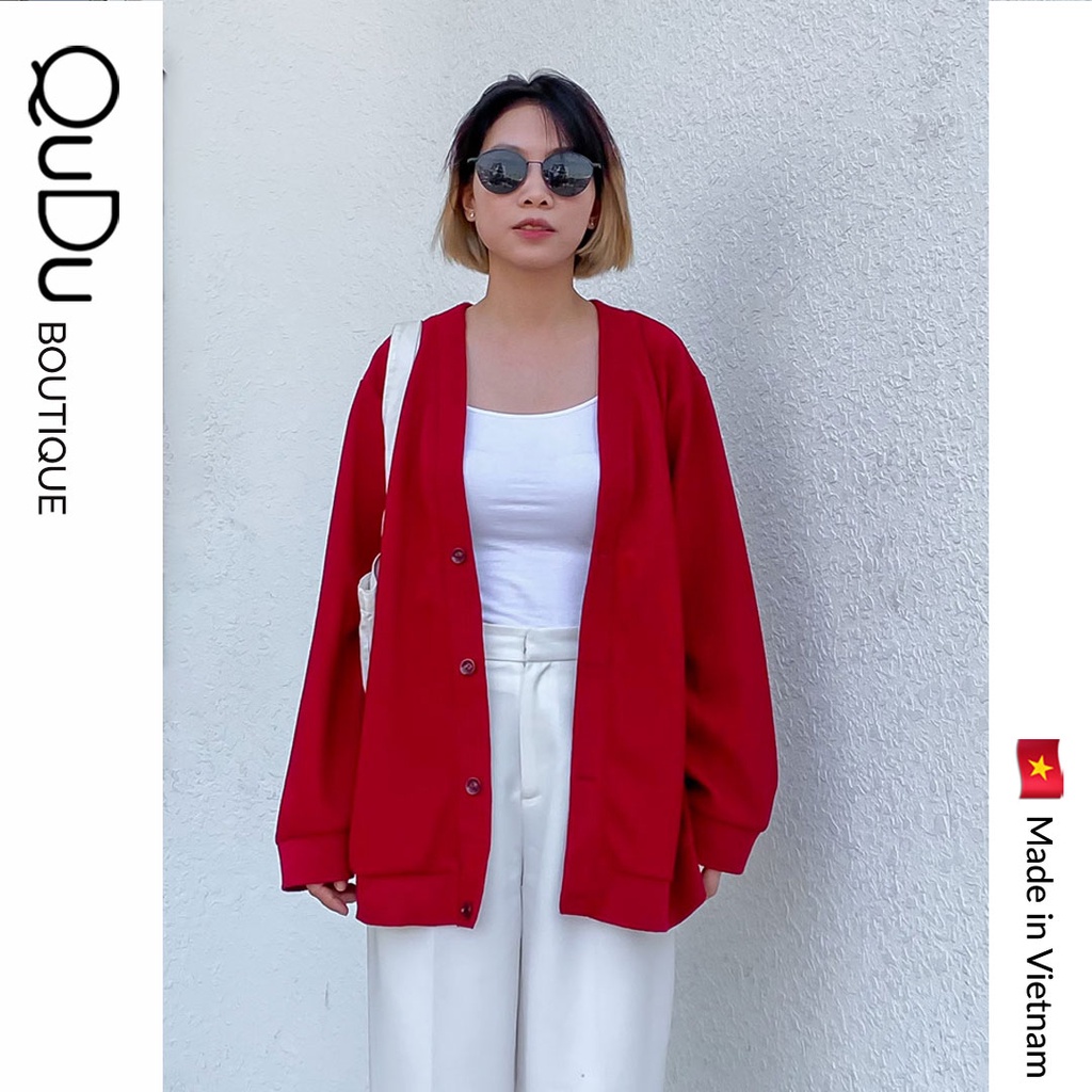 Áo Khoác Nữ Áo Cardigan QUDU Tay Dài Form Rộng Màu Đỏ Đô, Vàng Phong Cách Hàn Quốc Đơn Giản Dễ Phối