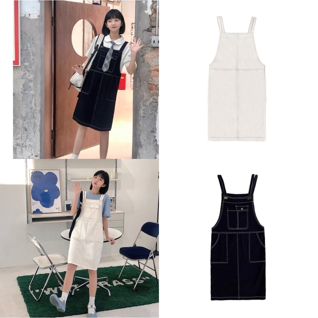 Yếm váy 2 dây chỉ nổi NM Chất vải mềm mịn, 2 màu Đen, Trắng, phong cách Hàn Quốc