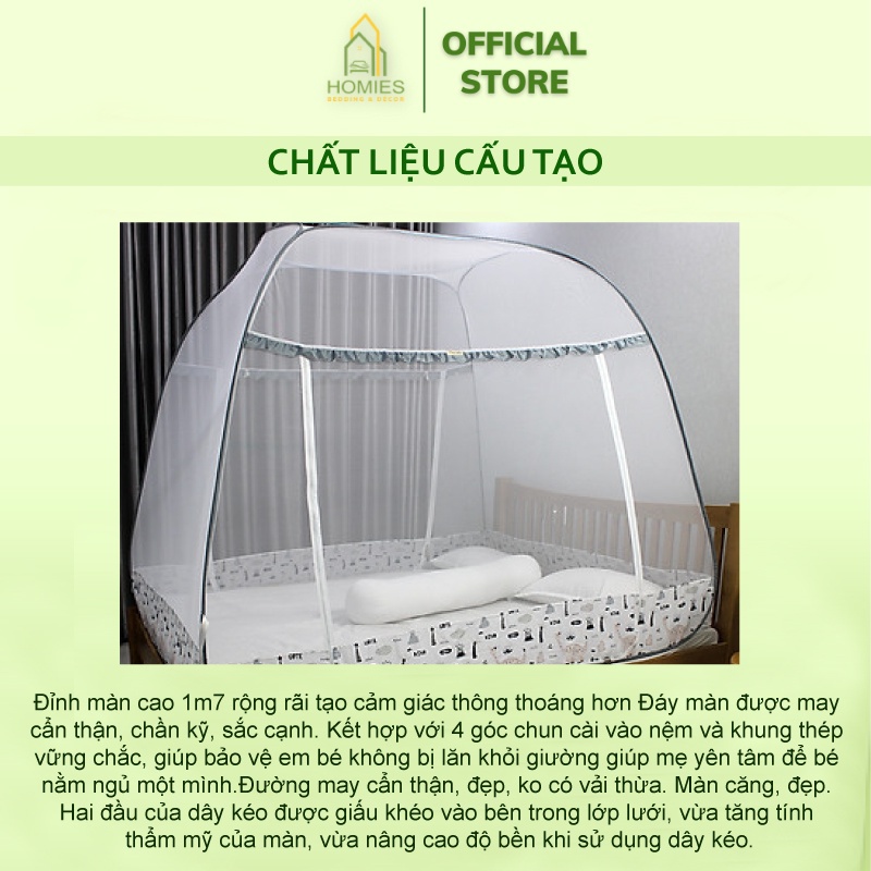 Mùng Chụp Tự Bung HOMIES Đỉnh Vuông Chân Viền Chống Muỗi Cao Cấp