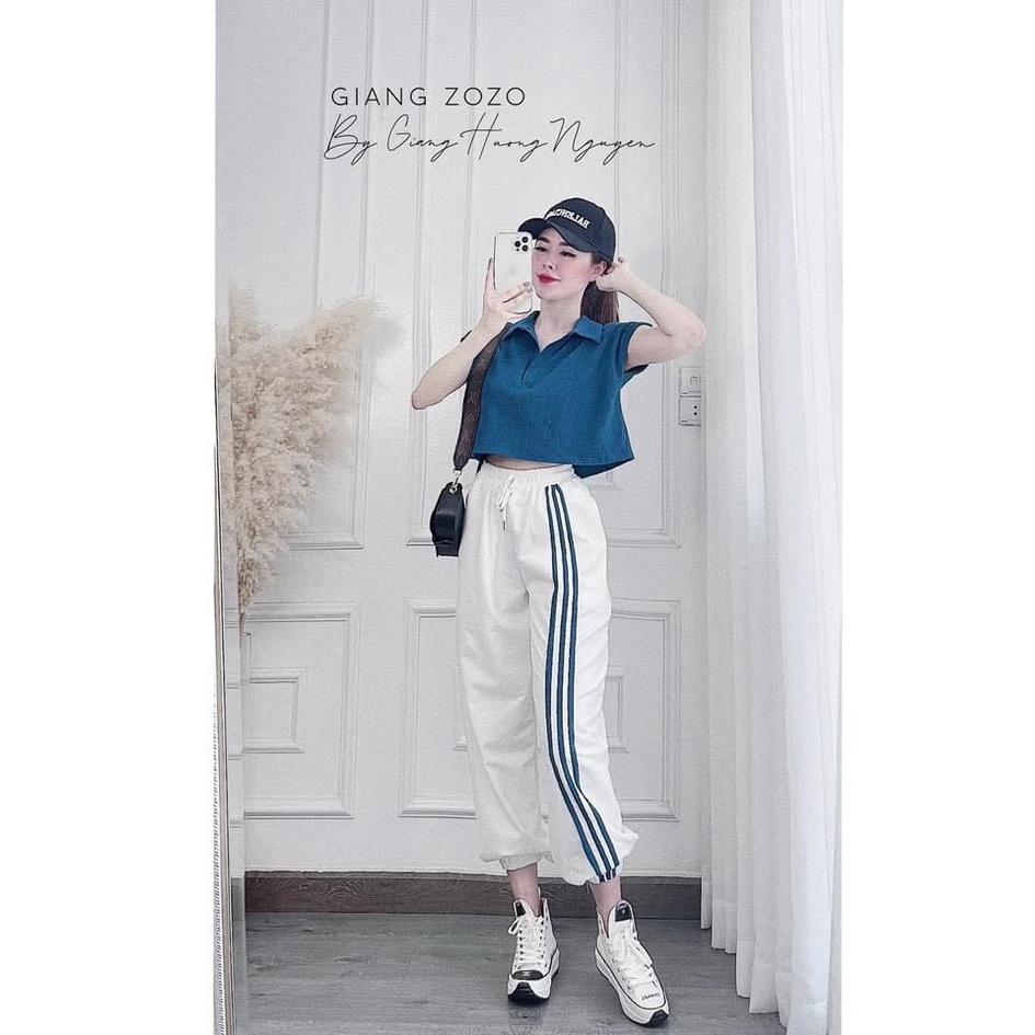 Sét bộ croptop cổ bẻ áo vát quần sọc trắng