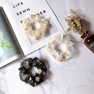 Dây buộc tóc Scrunchies vải lưới in hoa cúc trắng