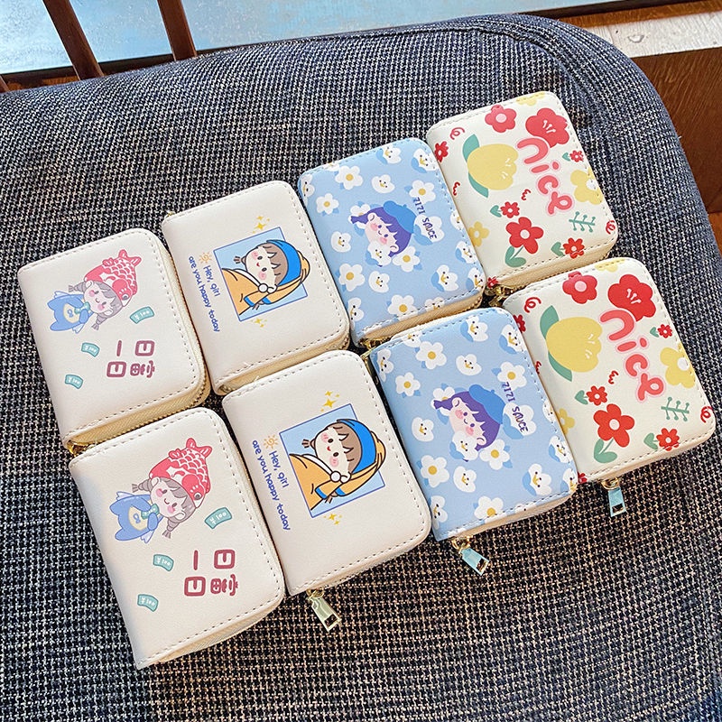 Ví nhiều ngăn đựng thẻ và tiền xu dung tích lớn dễ thương chống trộm có khóa kéo chống từ tính phong cách Hàn Quốc