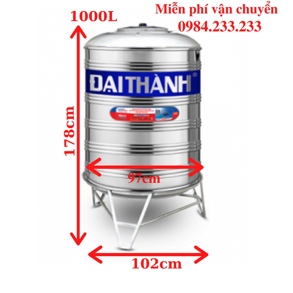 Bồn nước inox 304 đại thành, téc chứa nước inox đại thành dung tích 1000L bảo hành 12 năm