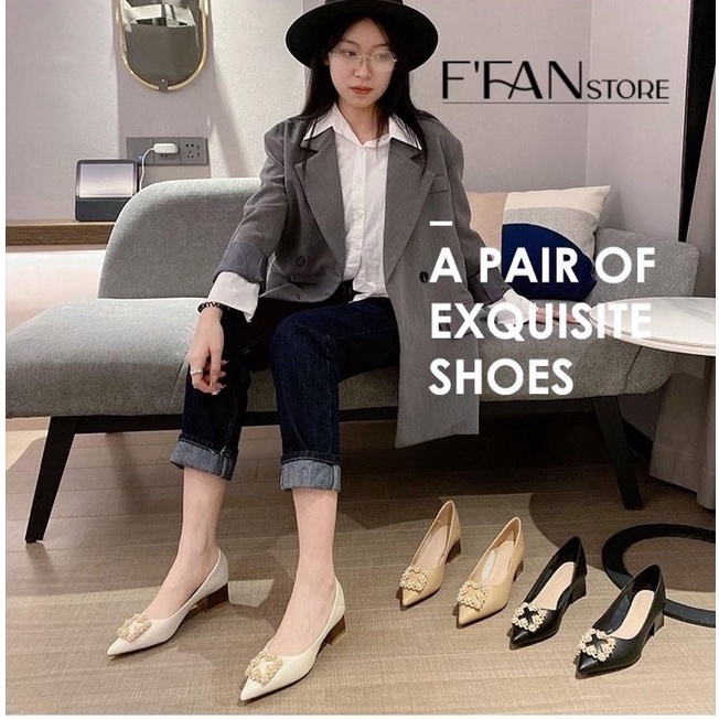 Giày nữ gót vuông mũi nhọn [da thật] mềm mại, cao gót bít mũi 5 phân đính đá a87, màu đen be trắng FFAN STORE