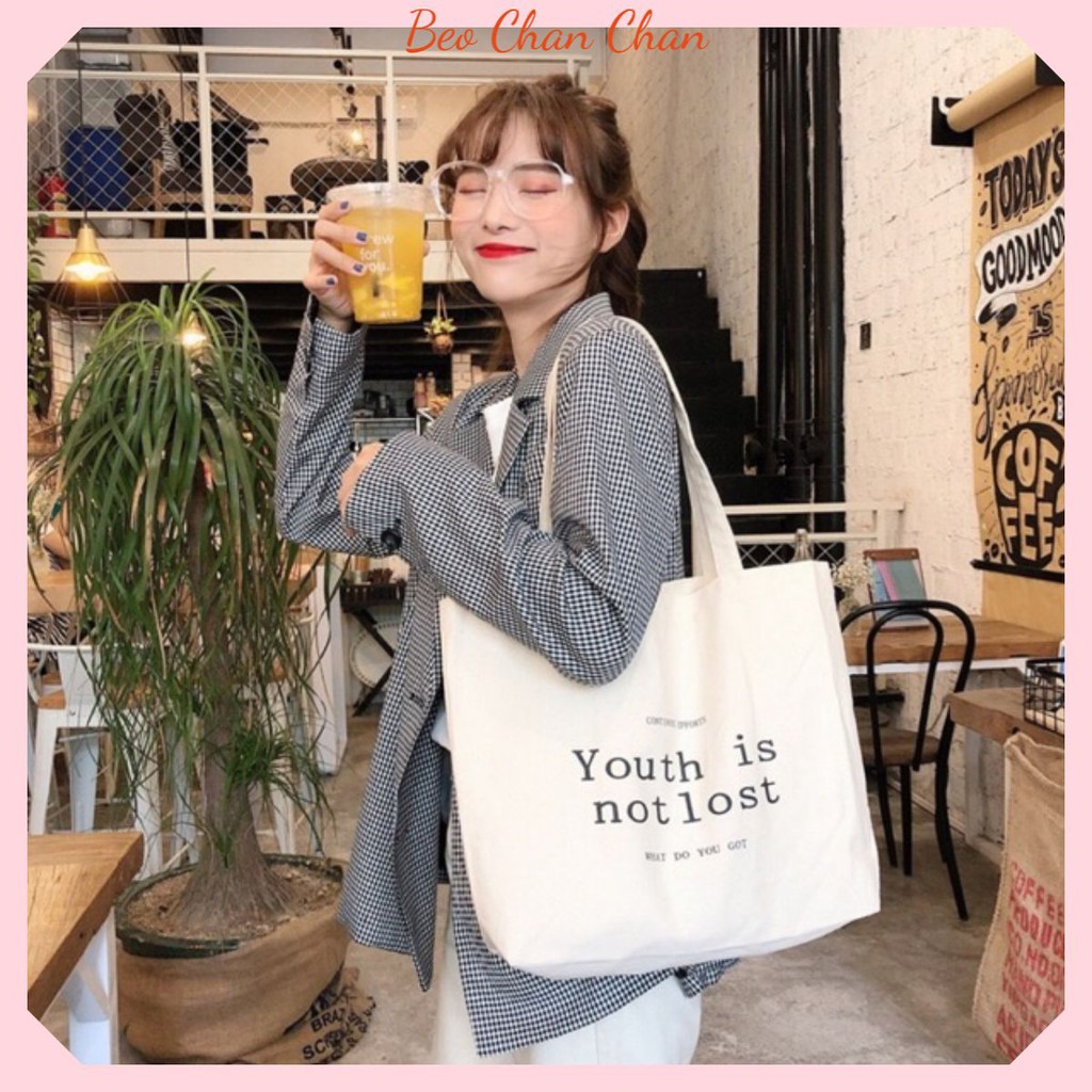 TÚI TOTE VẢI CANVAS STYLE HÀN QUỐC TONE TRẮNG NGÀY TÚI VINTAGE YOUTH IS NOT LOST