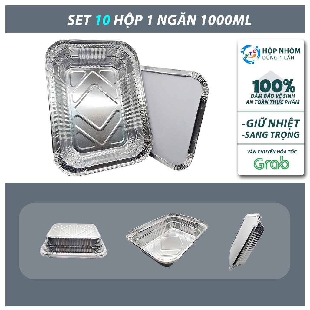 Set 10 hộp nhôm 1 ngăn 1000 ml  - Chứng nhận VS ATTP - Đựng thực phẩm dùng 1 lần