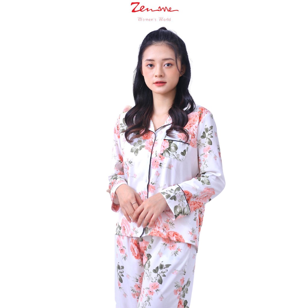 Bộ đồ Nữ mặc nhà Zen Me chất lụa Hàn cao cấp dáng dài họa tiết trang nhã - Đồ Ngủ Nữ Mền Mượt Nhẹ Mịn PJD1021
