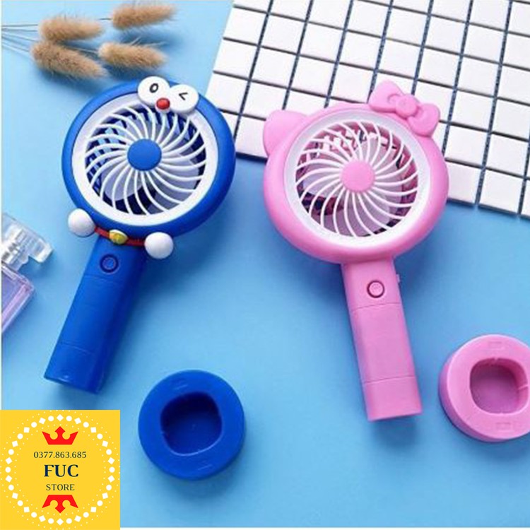 Quạt cầm tay mini tích điện để bàn có đèn hình Doraemon, Hello Kitty cực kỳ dễ thương
