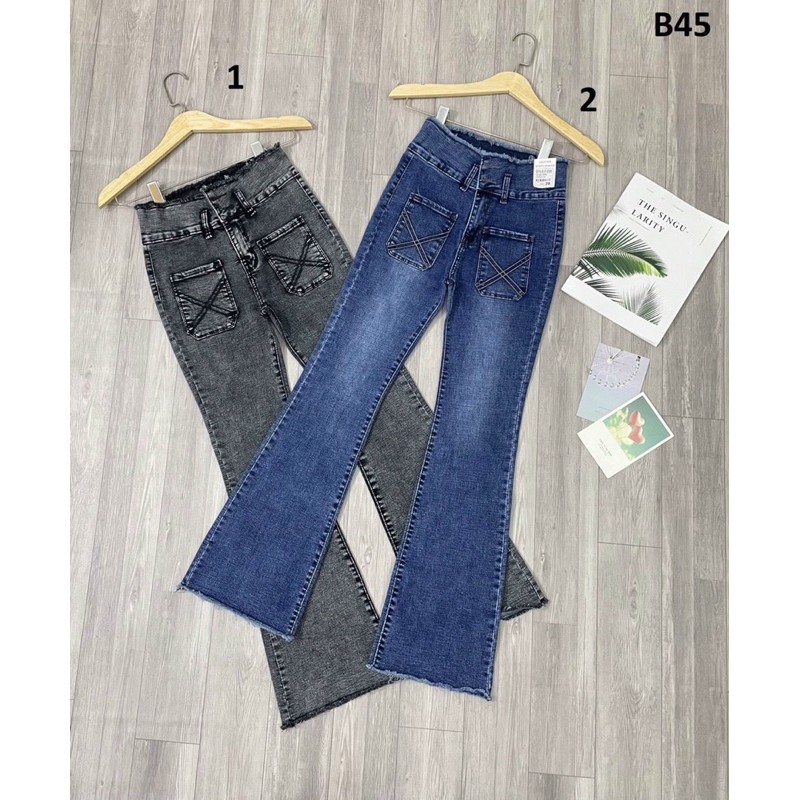 Quần Jeans Nữ Ống Loe Dài Lưng Lai Tua Rua Siêu Hot