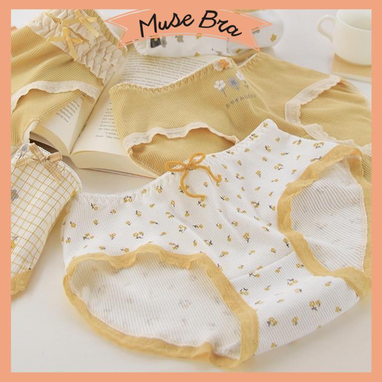 [Giá sỉ] Quần Lót Nữ Cotton Tăm Co Giãn Họa Tiết Hoa Vàng Hoàng Kim Dễ Thương Tone Màu Vàng Nhẹ Nhàng