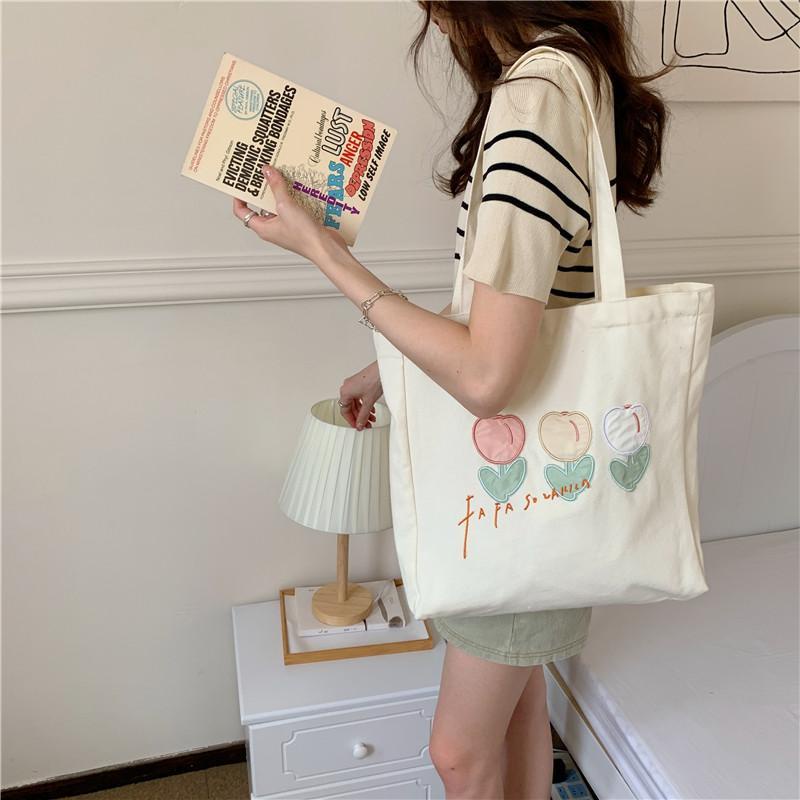 Túi Xách Canvas Thêu Họa Tiết Đơn Giản Phong Cách Hàn Quốc Cho Nữ