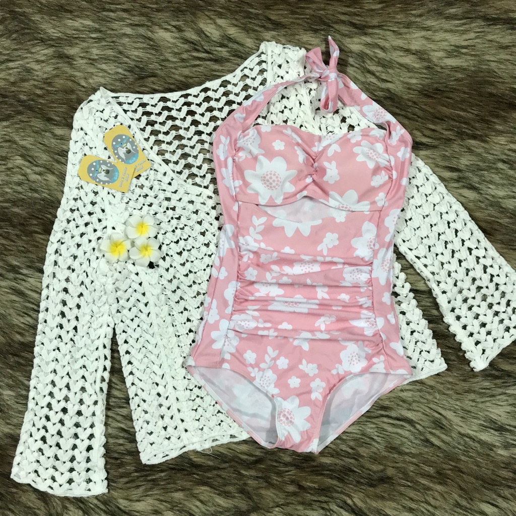 Bikini 1 mảnh hồng hoa cột nơ cổ