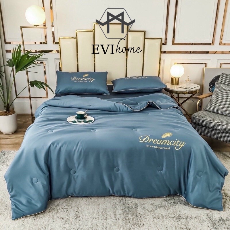 Set Lụa Kèm chăn hè Dream City - Set 4 món chất liệu lụa cao cấp - Chăn ga gối cao cấp