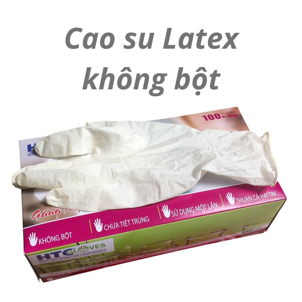 Bao tay cao su y tế không bột HTC Gloves, cao su Nitrile màu xanh, Latex màu trắng hộp 100 cái.