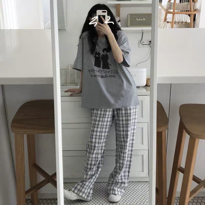 Set bộ xám quần kẻ KA Closet tông xuyệt tông,áo chất cotton loại 1, quần chất kẻ thô, hàng hot 2021