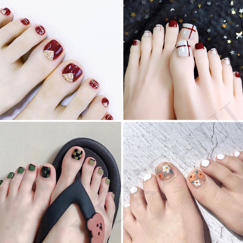 set 24 móng tay giả móng chân giả đính đá móng tay giả đính đá bộ móng tay giả Solid colored toenails nails