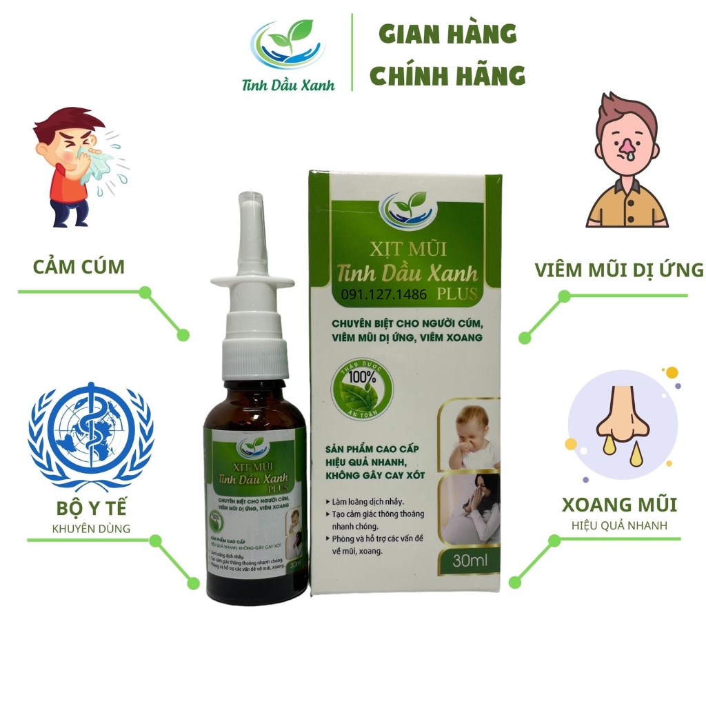 Xịt Mũi Tinh Dầu Xanh Tinh Chất Thiên Nhiên (30ml) 100% Organic Chuyên Biệt Cho Người Cúm, Viêm Mũi Dị Ứng, Viêm Xoang