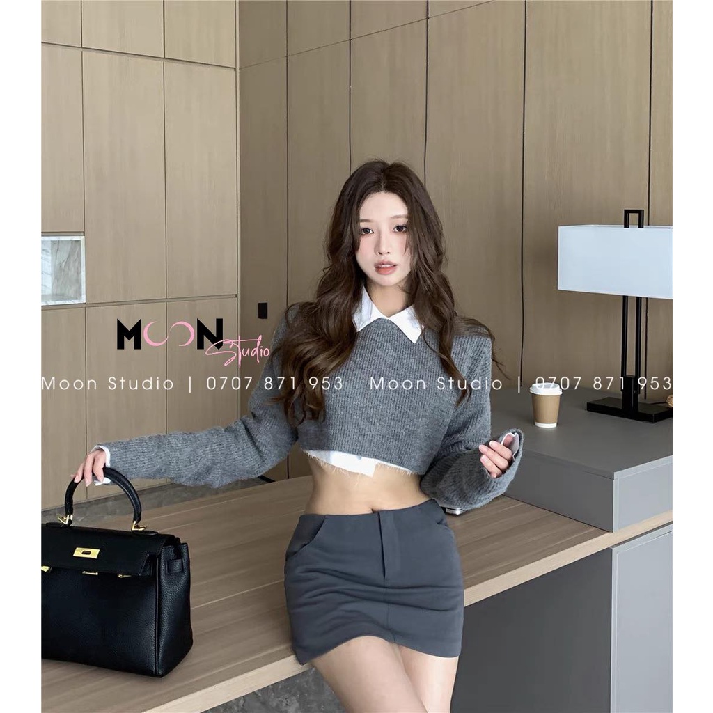 Set áo croptop và chân váy 3 món - xám sexy