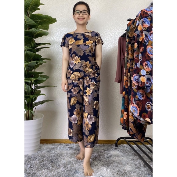Bộ mặc nhà trung niên, lanh nhung lửng cao cấp