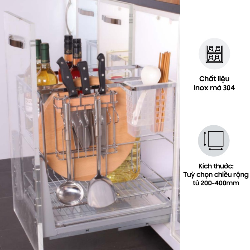 Giá dao thớt Eurogold nan dẹt Inox mờ cao cấp - Ray giảm chấn - Dòng EP