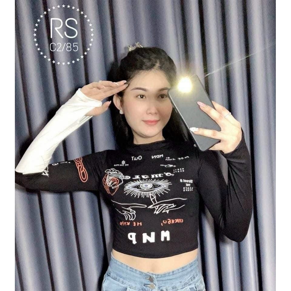 Áo thun ôm dáng tay dài cổ lọ hót họa tiết cá tính nu