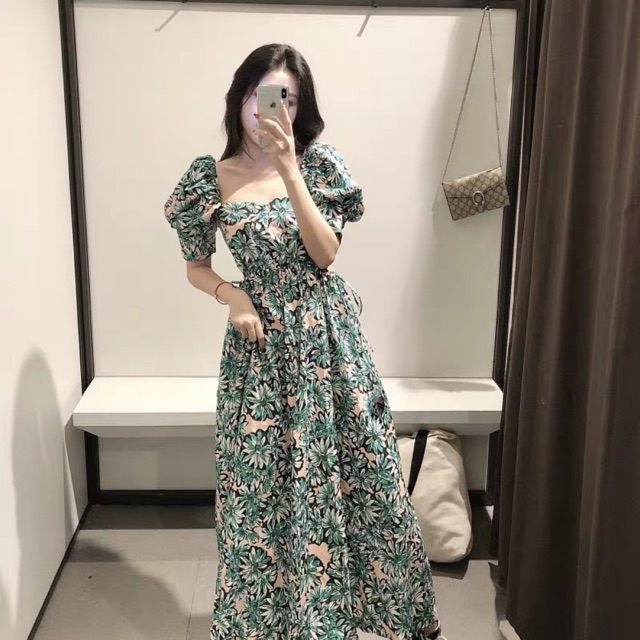 Đầm xanh lá hoa nhí tay bồng cắt eo hàng TQXK Za.ra ( Ảnh thật cuối )