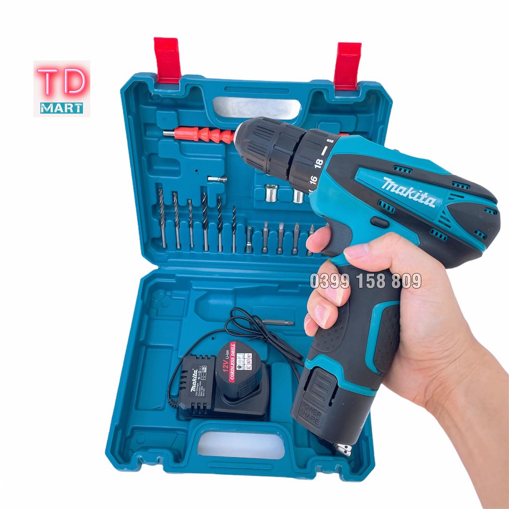 Máy khoan bắt vít cầm tay dùng pin 12V Makita Tặng kèm hộp 24 chi tiết